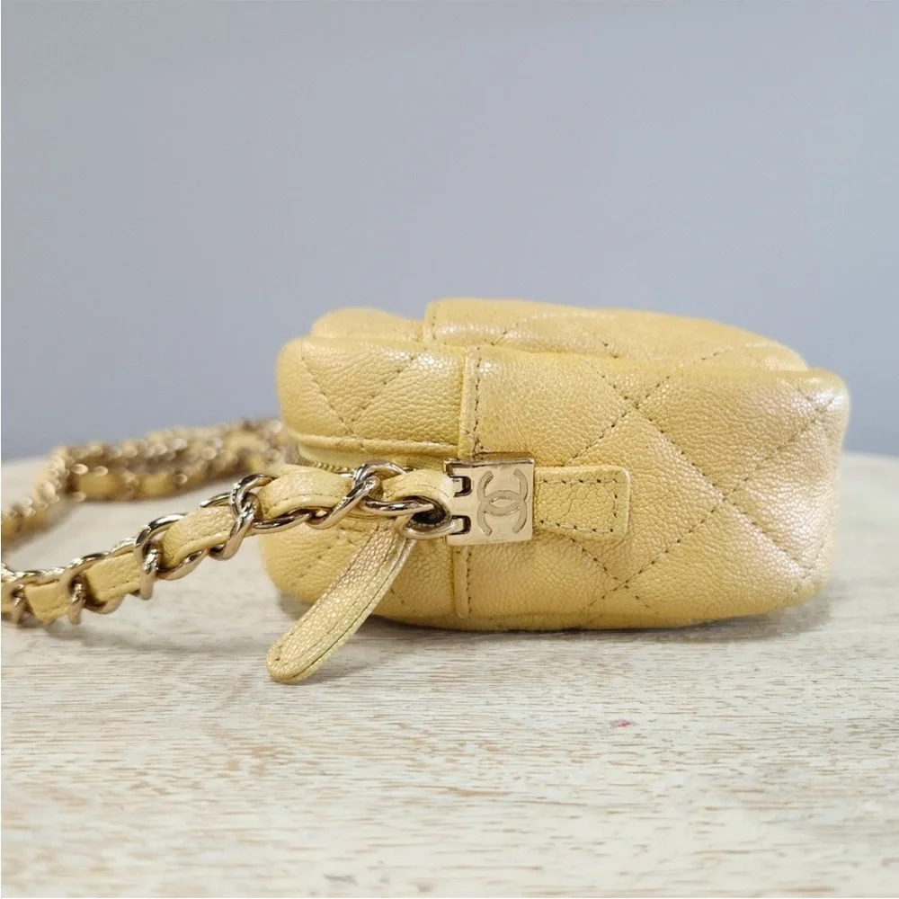 Rare 2019 Chanel Caviar Iridescent Yellow Camera Bag with Gold Hardware